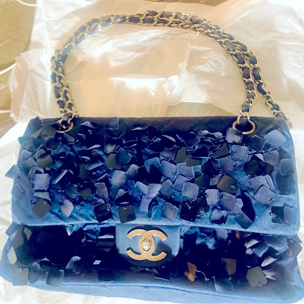 Chanel *RARE* Double Flap Quilted Navy Satin Handbag with Sequins